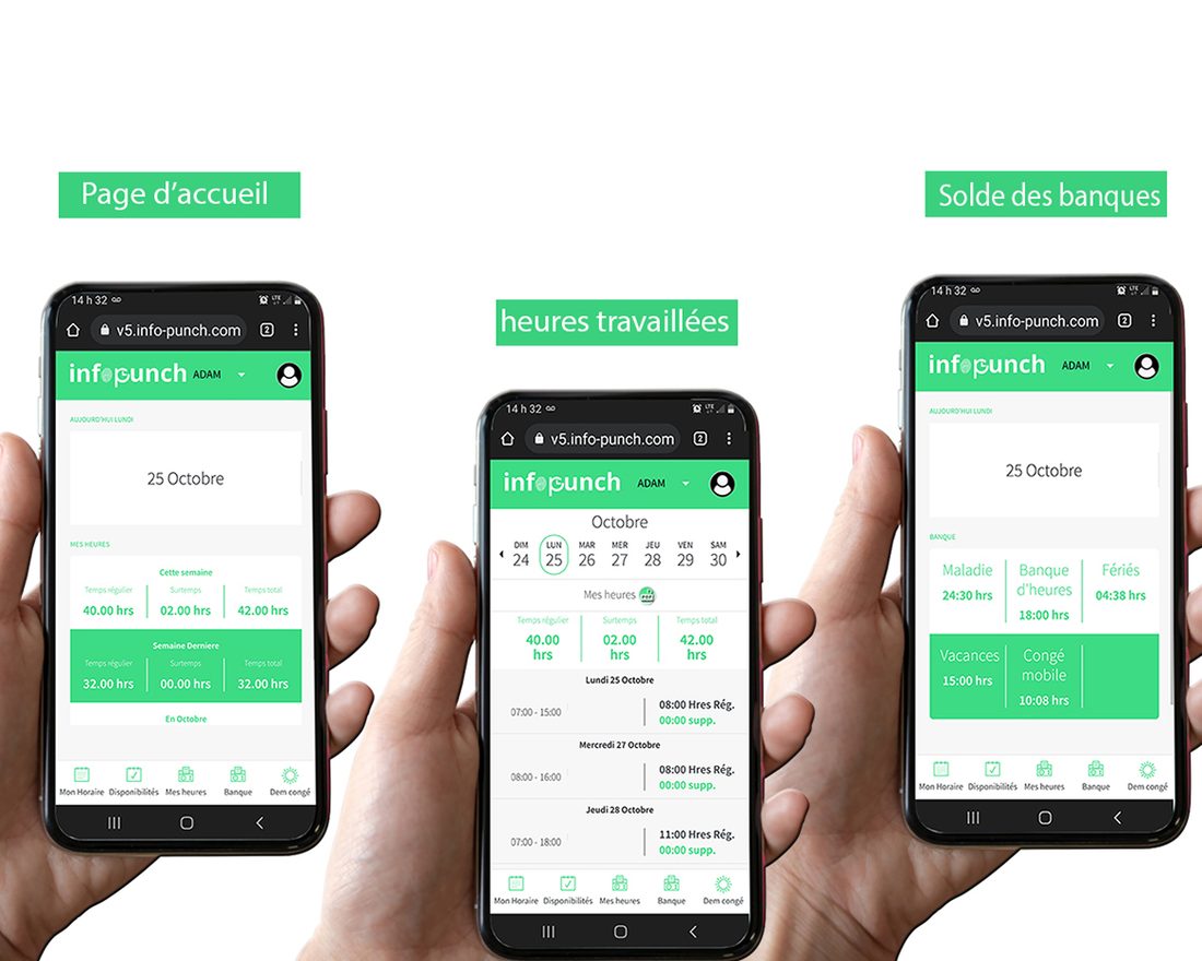 Application mobile : page d'accueil, heures travaillées et solde des banques