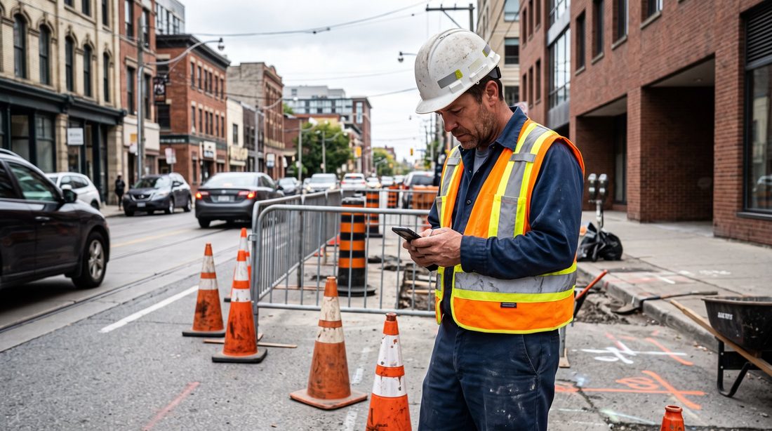 Employé de la ville qui poinçonne avec l'application mobile sur un chantier de rue
