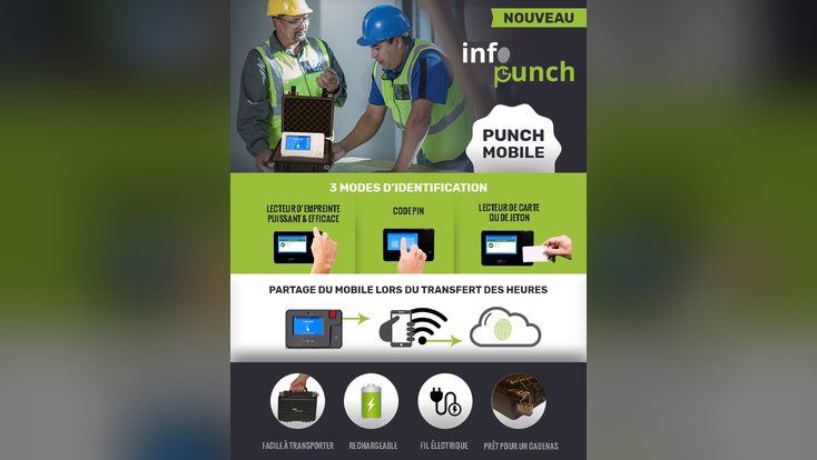 Pointeuse mobile de chantier en valise avec lecteur d'empreinte ou jeton