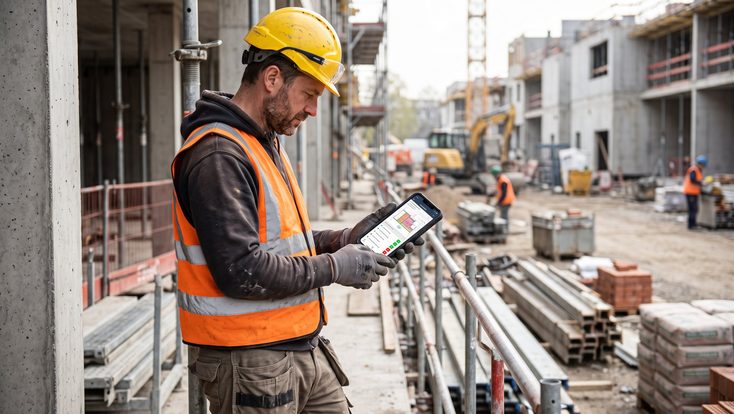 Employé de chantier de construction effectuant son punch par téléphone mobile
