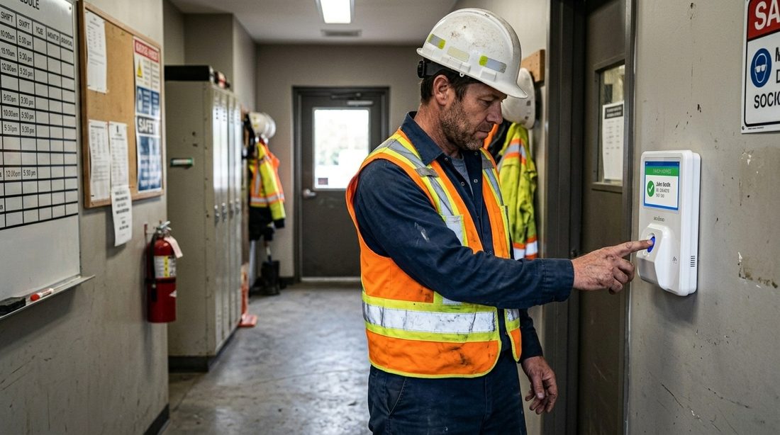 Employé municipal au garage qui poinçonne sur un horodateur à empreinte digitale
