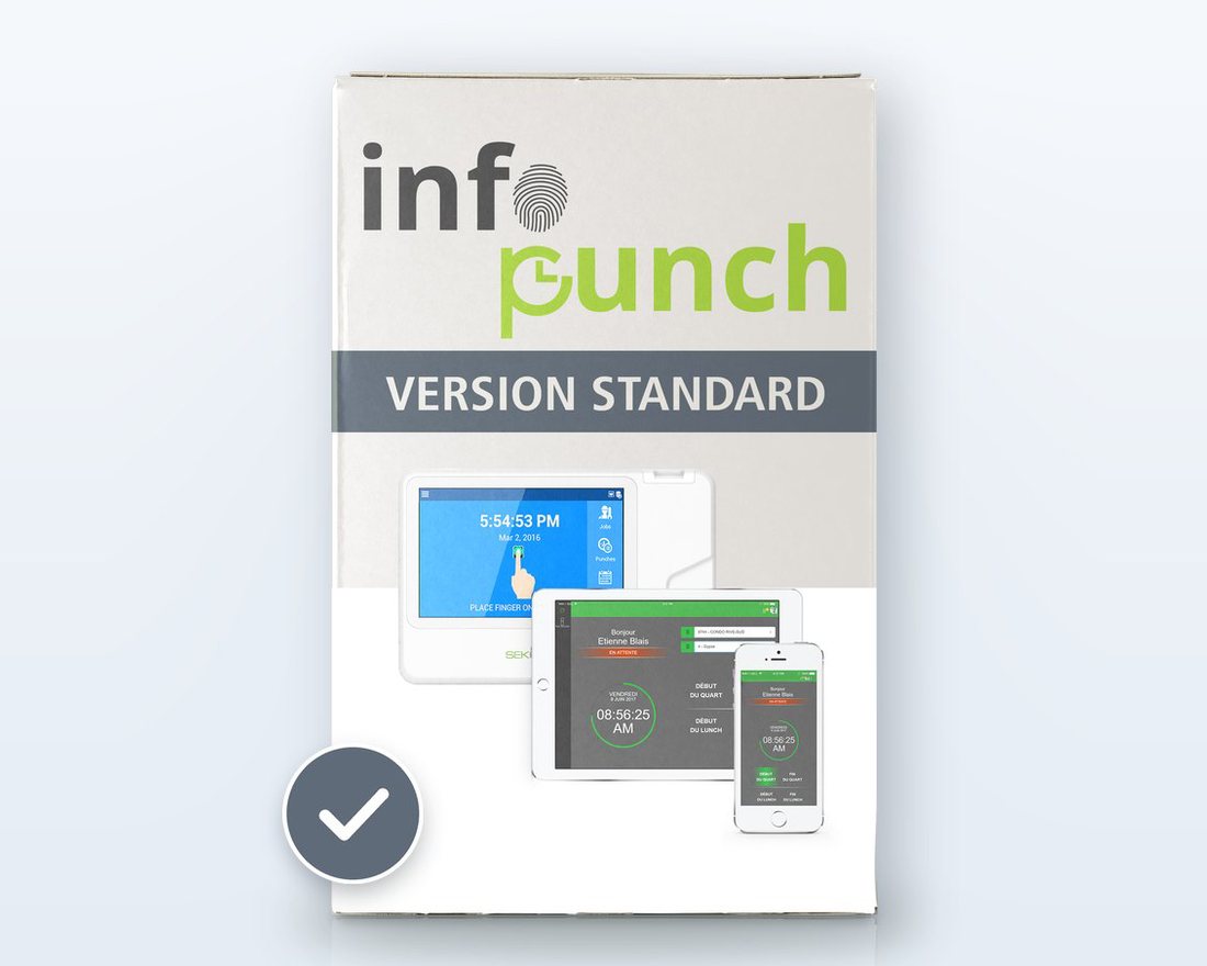 Logiciel de gestion du temps des employés Info-Punch, version standard : horodateur, tablette et application mobile